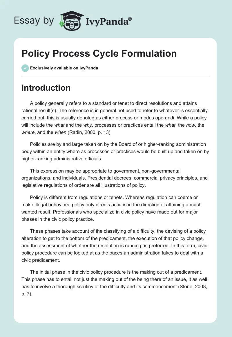 Policy Process Cycle Formulation. Page 1