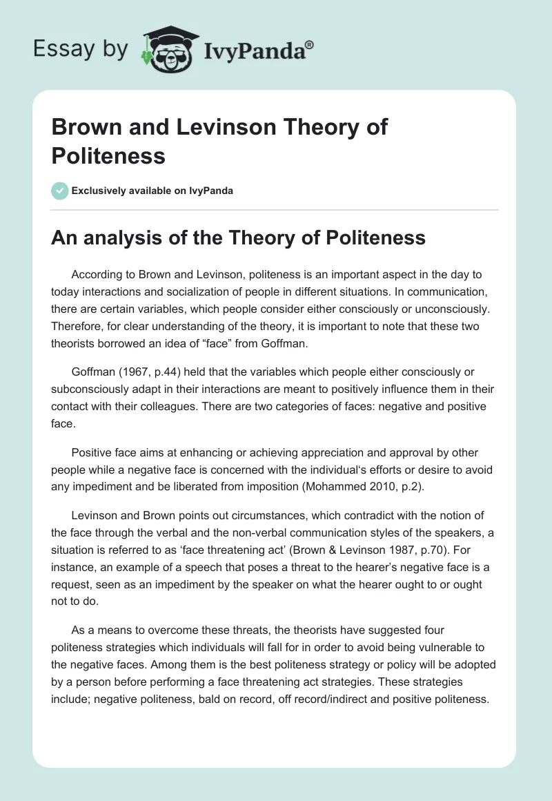 Brown and Levinson Theory of Politeness. Page 1