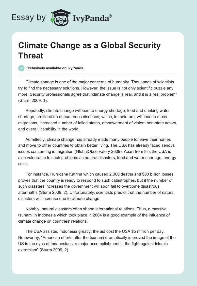 Climate Change as a Global Security Threat. Page 1