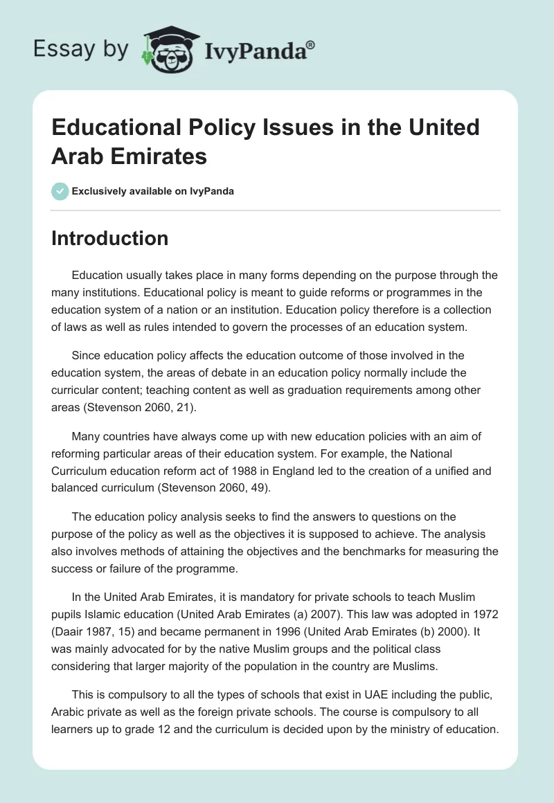 Educational Policy Issues in the United Arab Emirates. Page 1