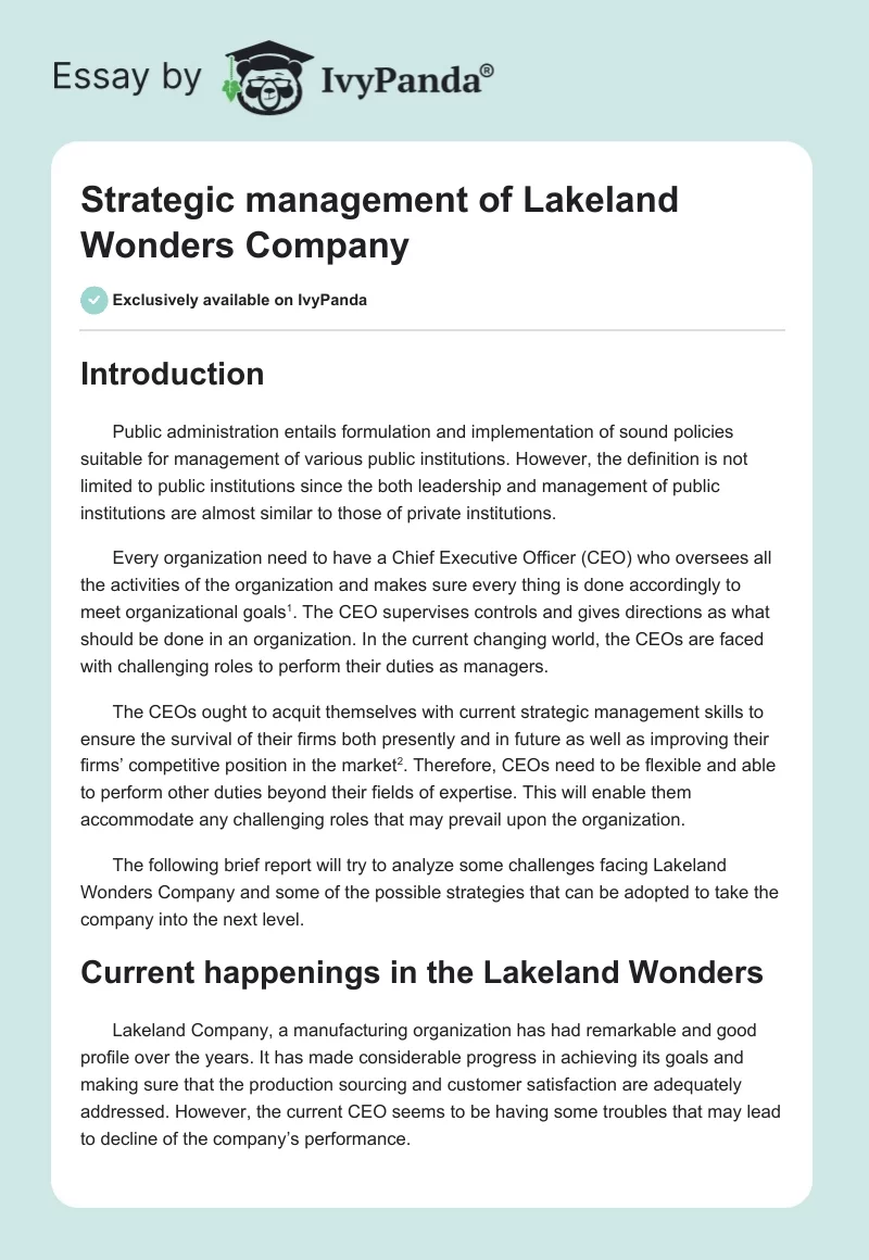 Strategic management of Lakeland Wonders Company. Page 1