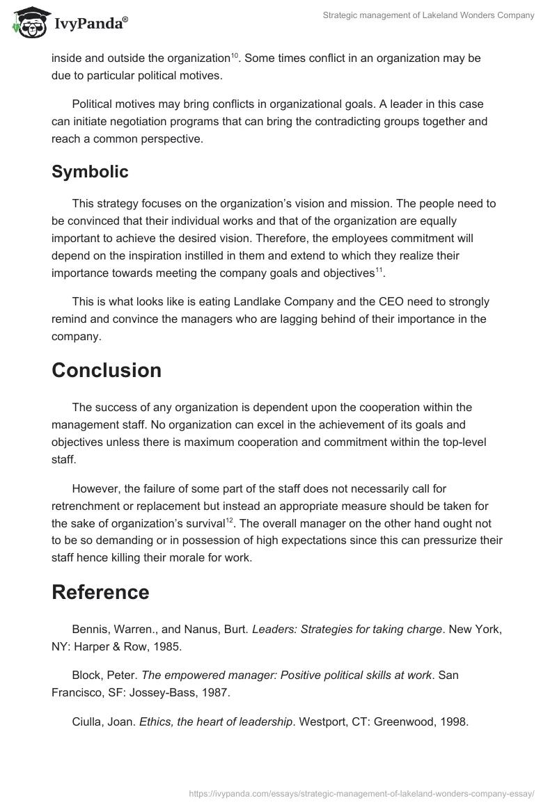 Strategic management of Lakeland Wonders Company. Page 5