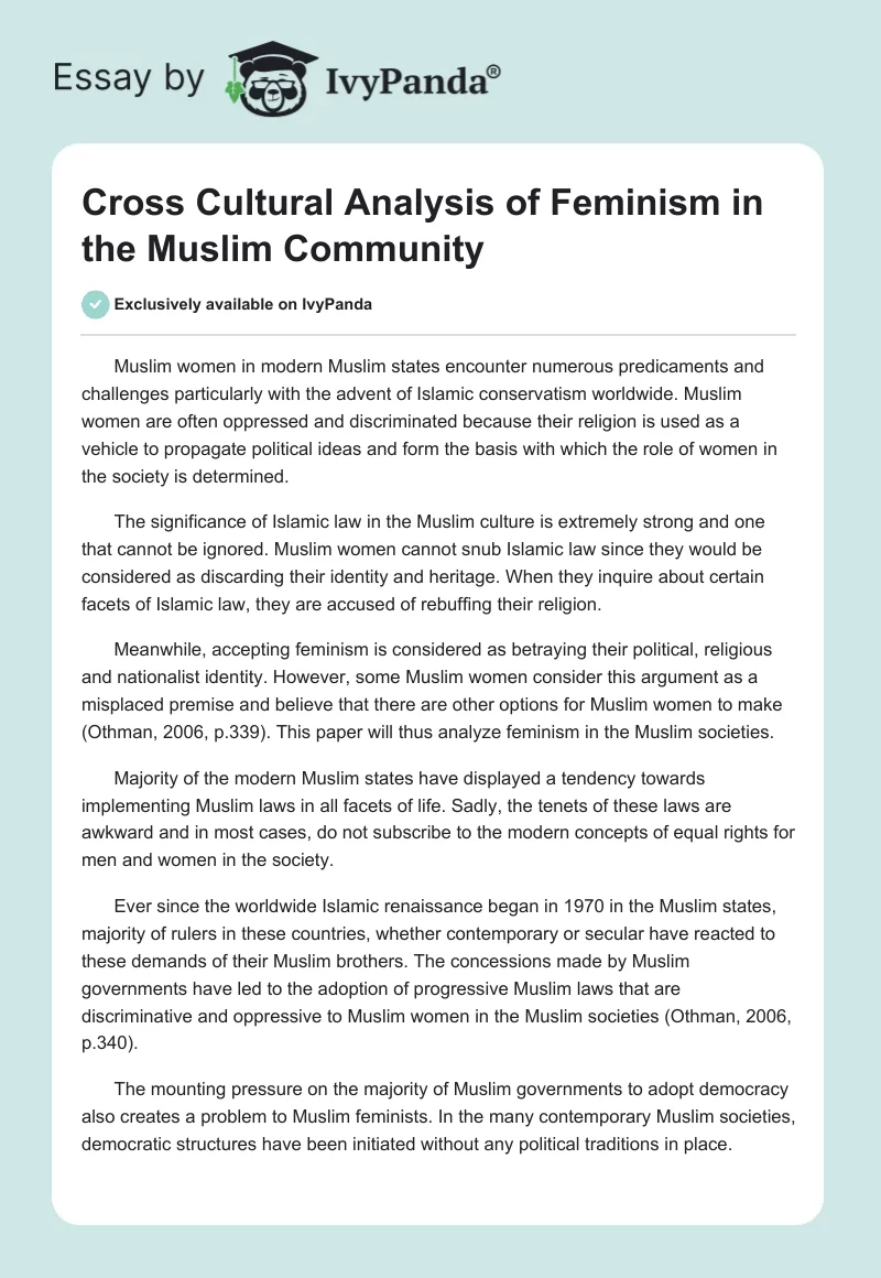 Cross Cultural Analysis of Feminism in the Muslim Community. Page 1