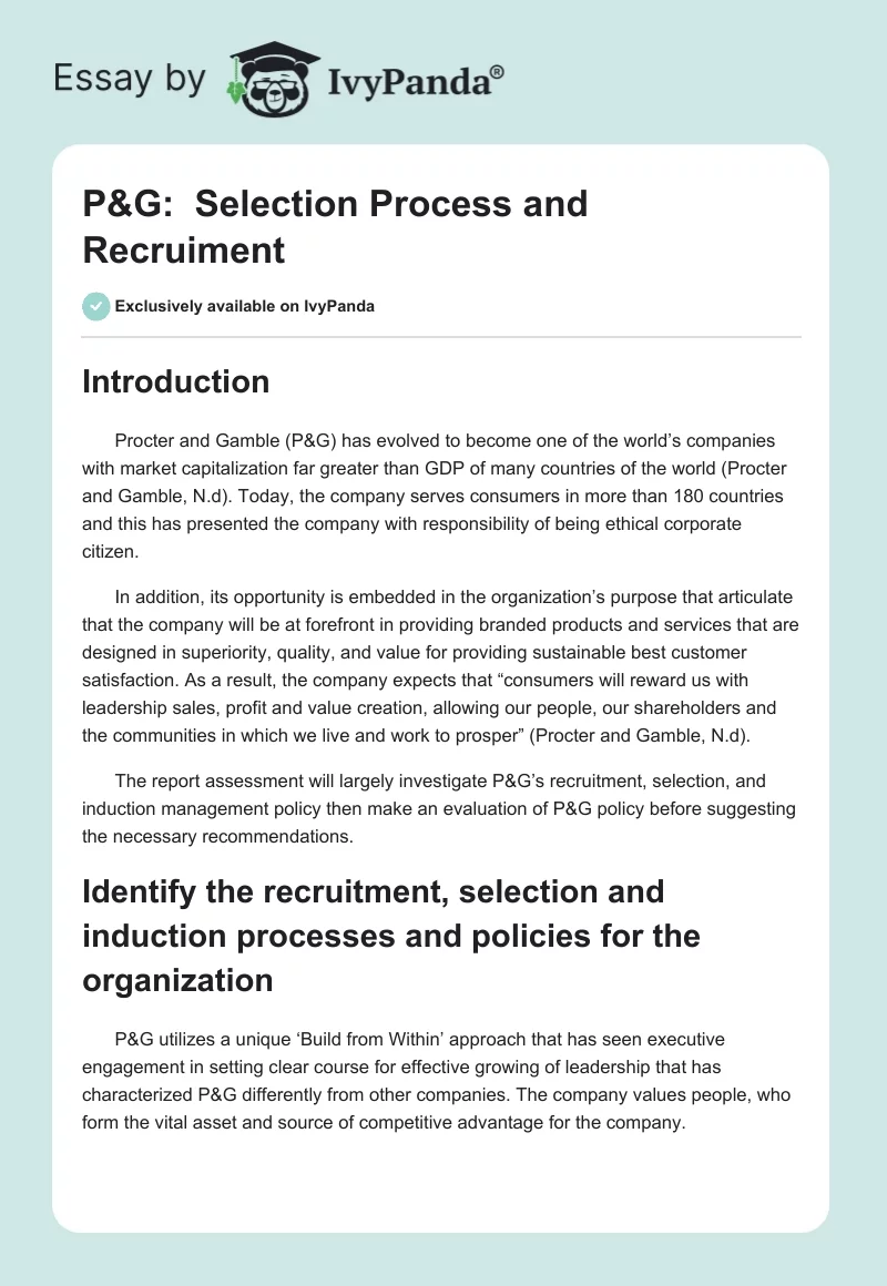 P&G:  Selection Process and Recruiment. Page 1