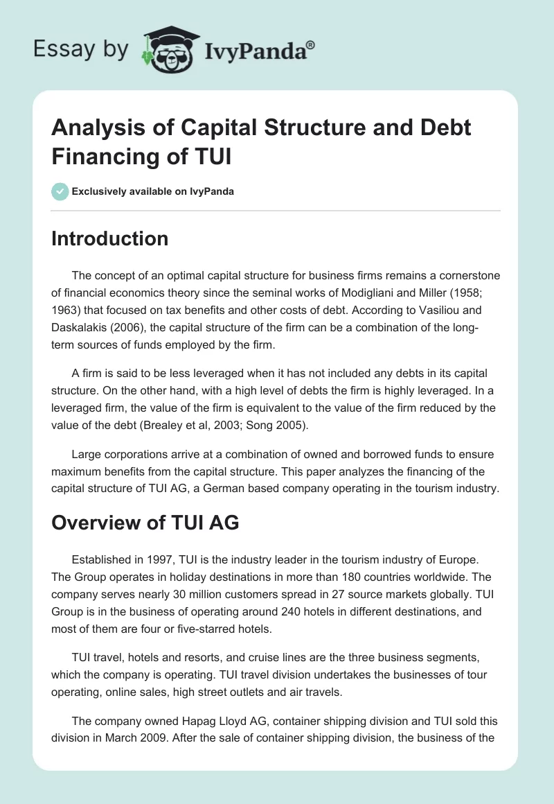Analysis of Capital Structure and Debt Financing of TUI. Page 1
