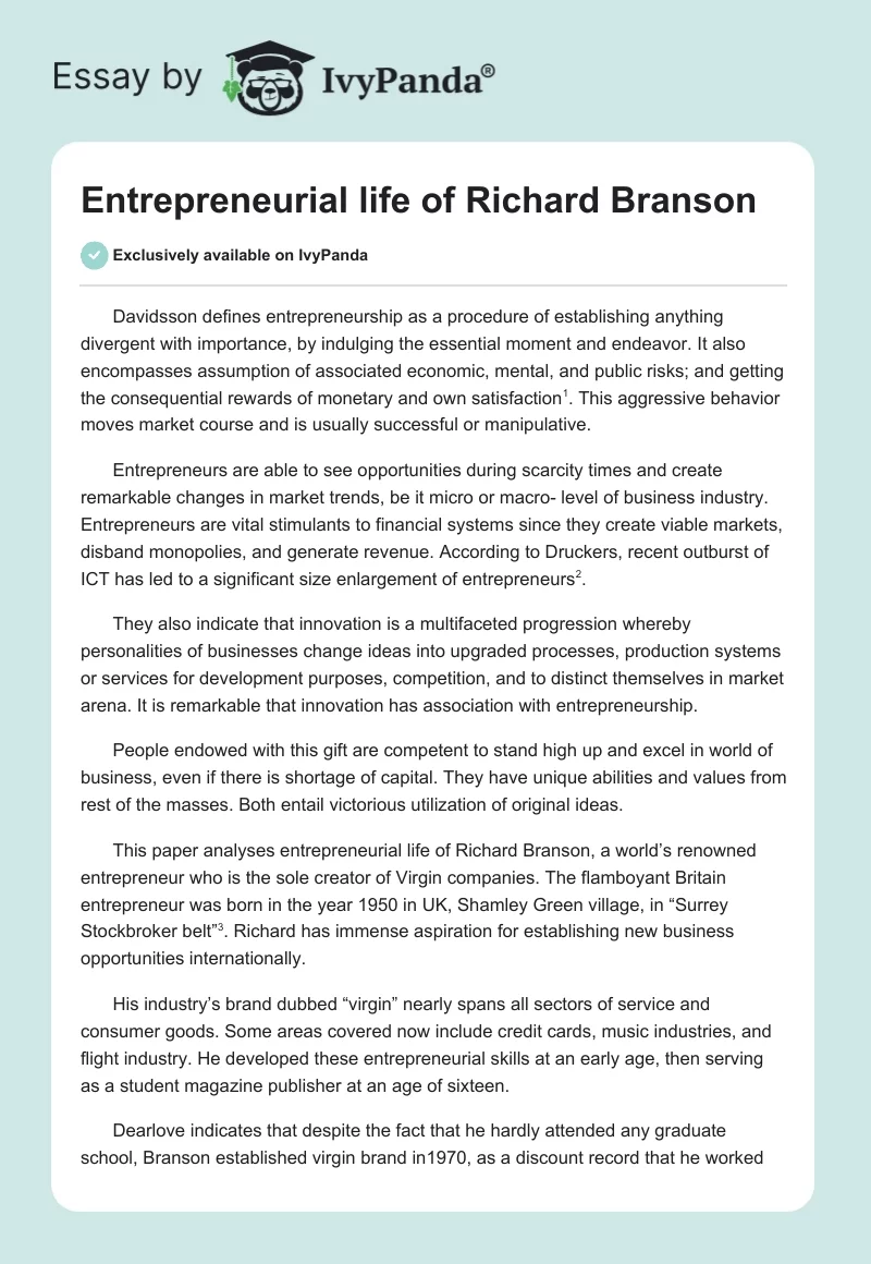 Entrepreneurial life of Richard Branson. Page 1