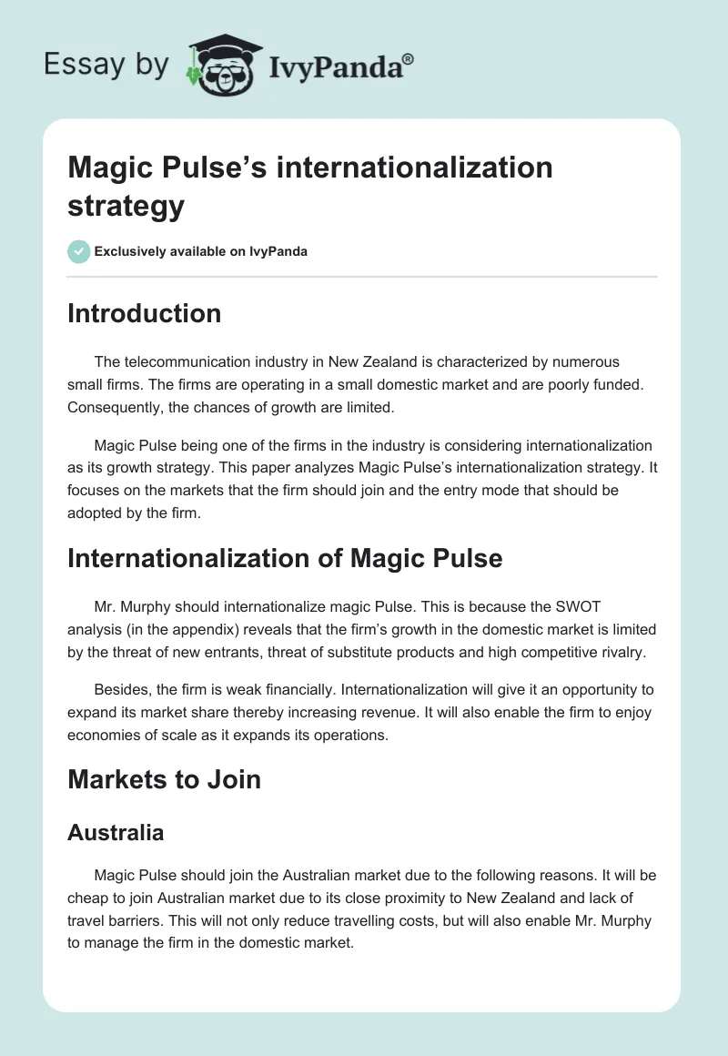 Magic Pulse’s internationalization strategy. Page 1