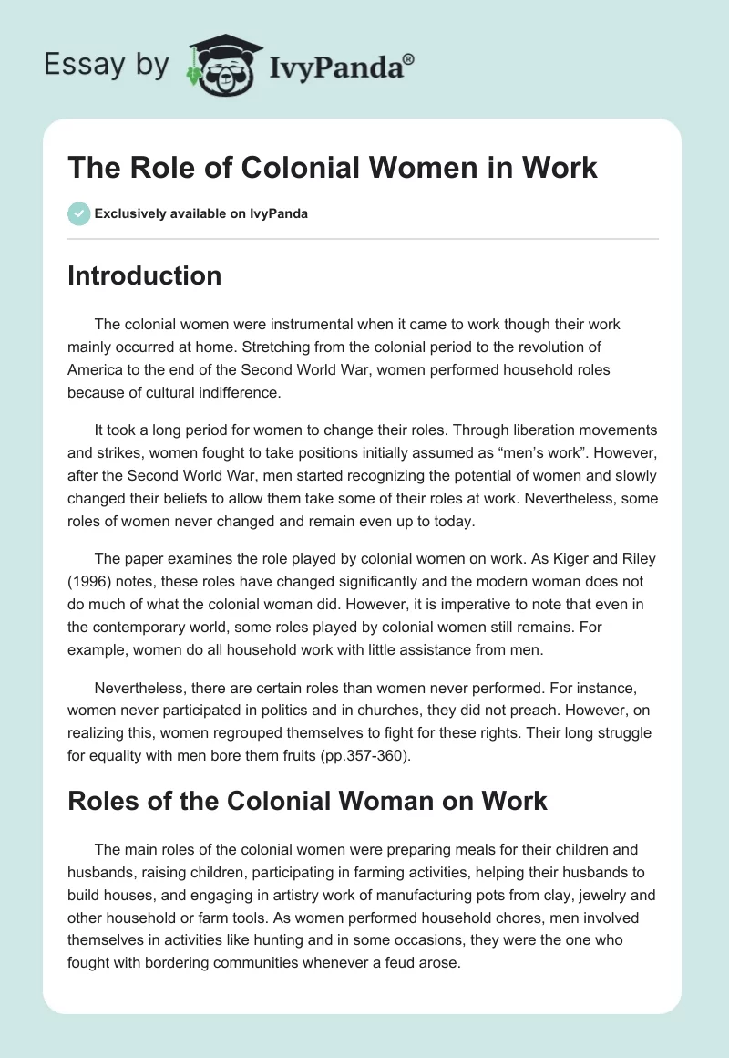 The Role of Colonial Women in Work. Page 1