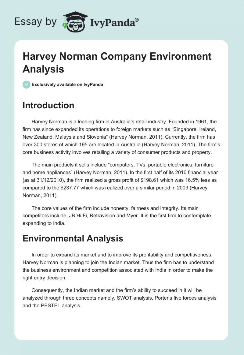 Harvey Norman Company Environment Analysis. Page 1