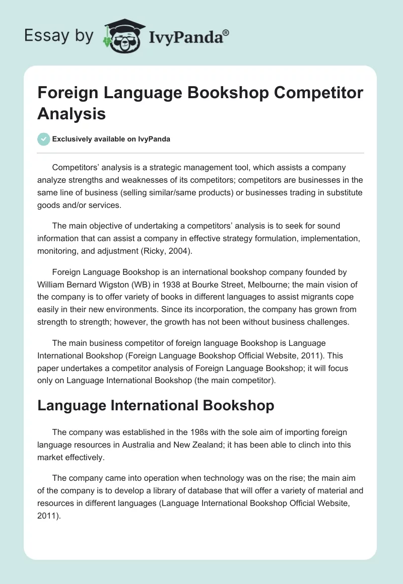 Foreign Language Bookshop Competitor Analysis. Page 1