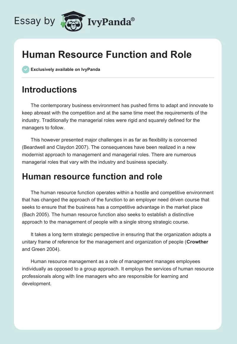 Human Resource Function and Role. Page 1