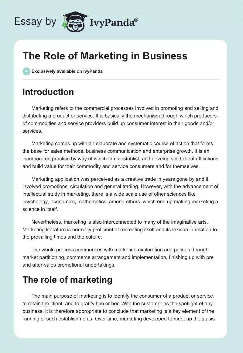 The Role of Marketing in Business. Page 1