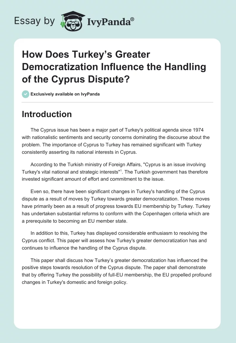How Does Turkey’s Greater Democratization Influence the Handling of the Cyprus Dispute?. Page 1