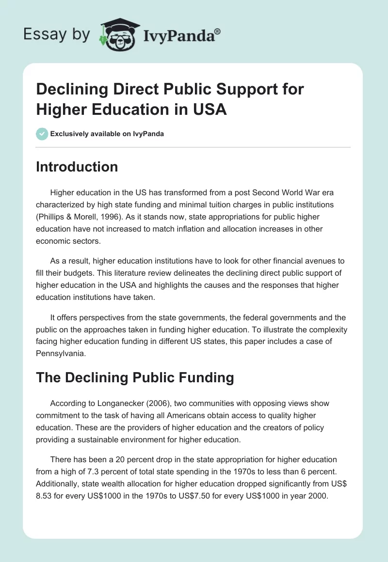 Declining Direct Public Support for Higher Education in USA. Page 1