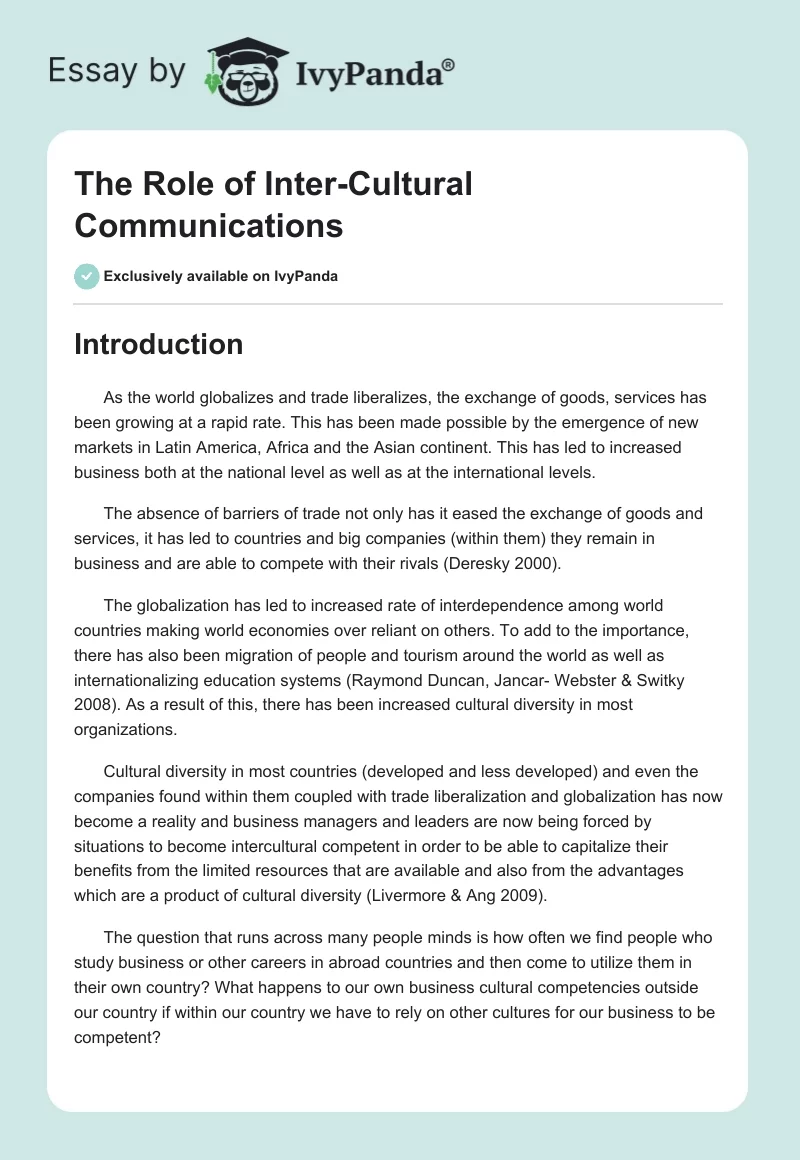The Role of Inter-Cultural Communications. Page 1