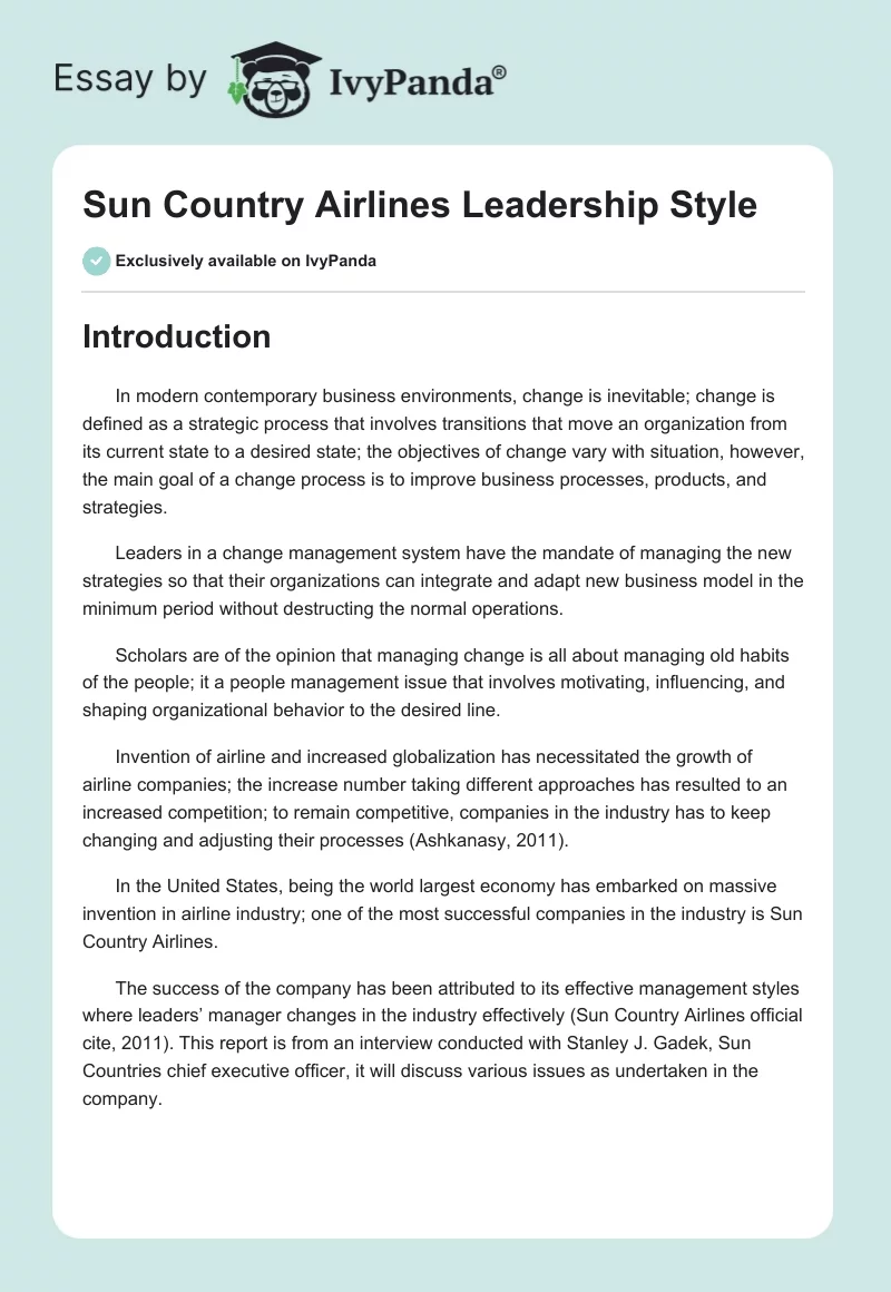 Sun Country Airlines Leadership Style. Page 1
