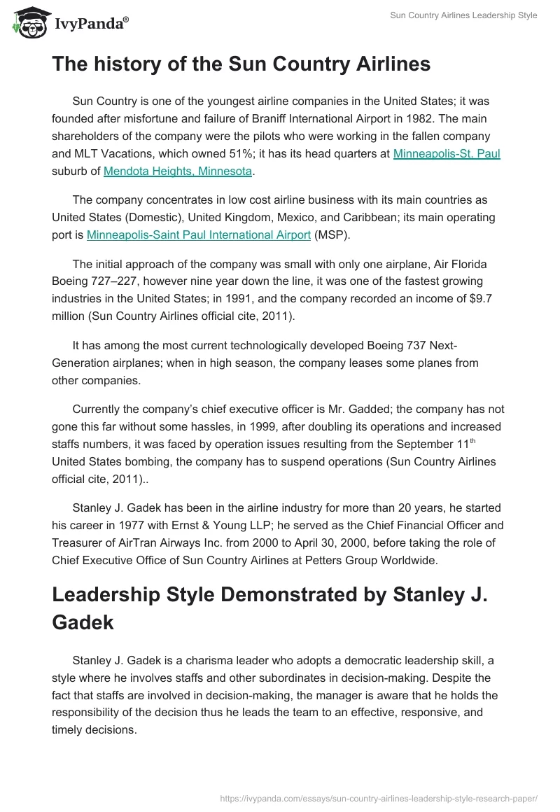 Sun Country Airlines Leadership Style. Page 2