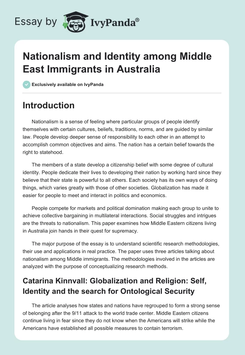 Nationalism and Identity Among Middle East Immigrants in Australia. Page 1