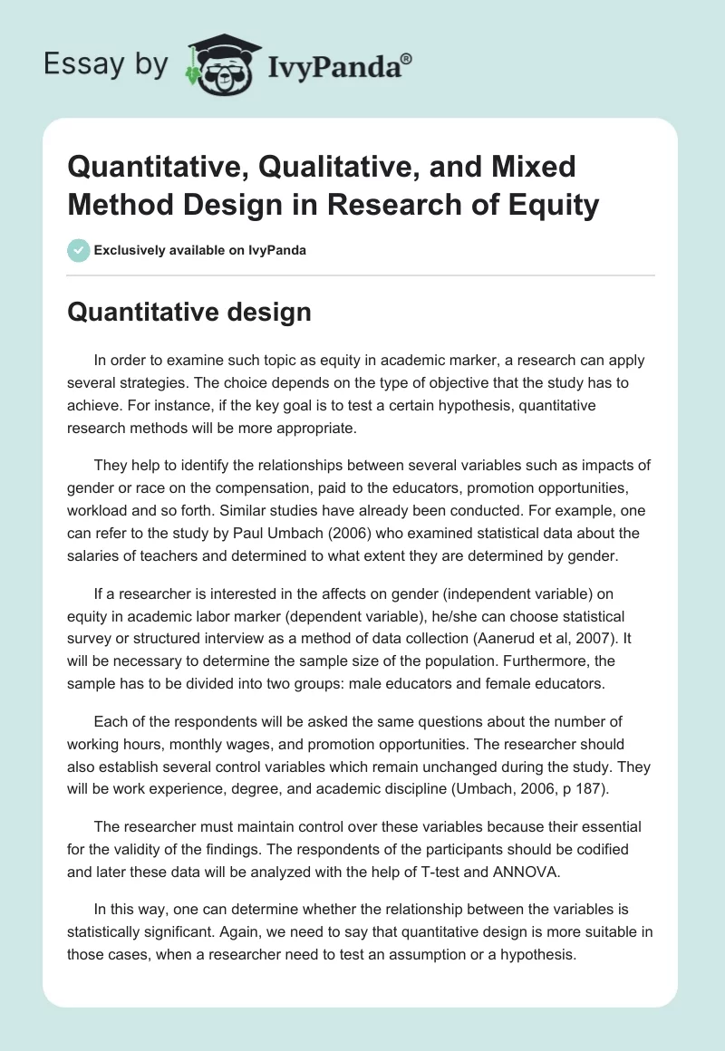 Quantitative, Qualitative, and Mixed Method Design in Research of Equity. Page 1