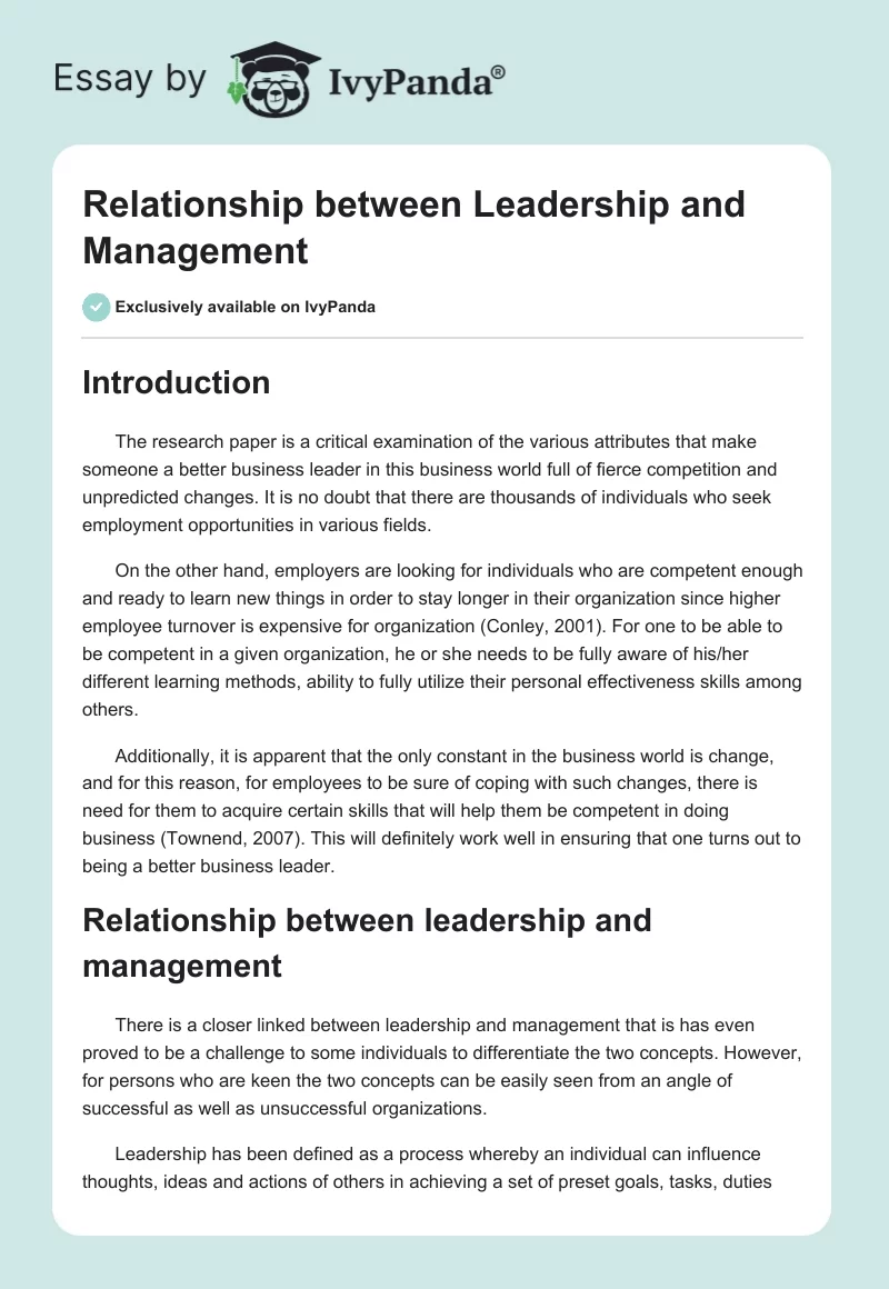 Relationship between Leadership and Management. Page 1
