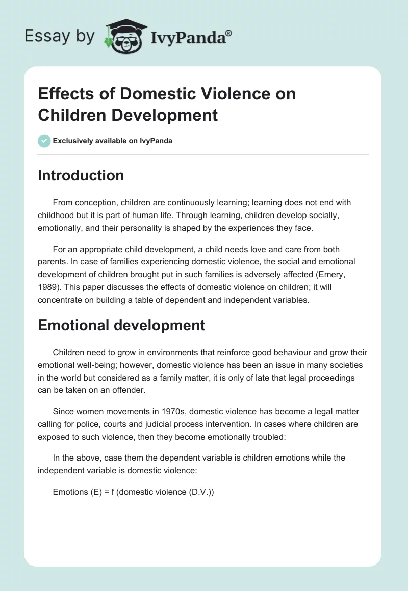 Effects of Domestic Violence on Children Development. Page 1
