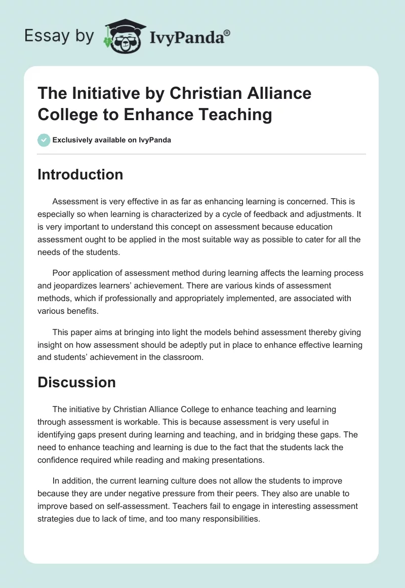 The Initiative by Christian Alliance College to Enhance Teaching. Page 1