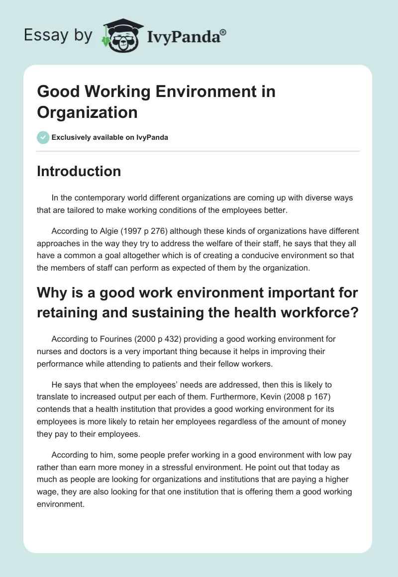 Good Working Environment in Organization. Page 1