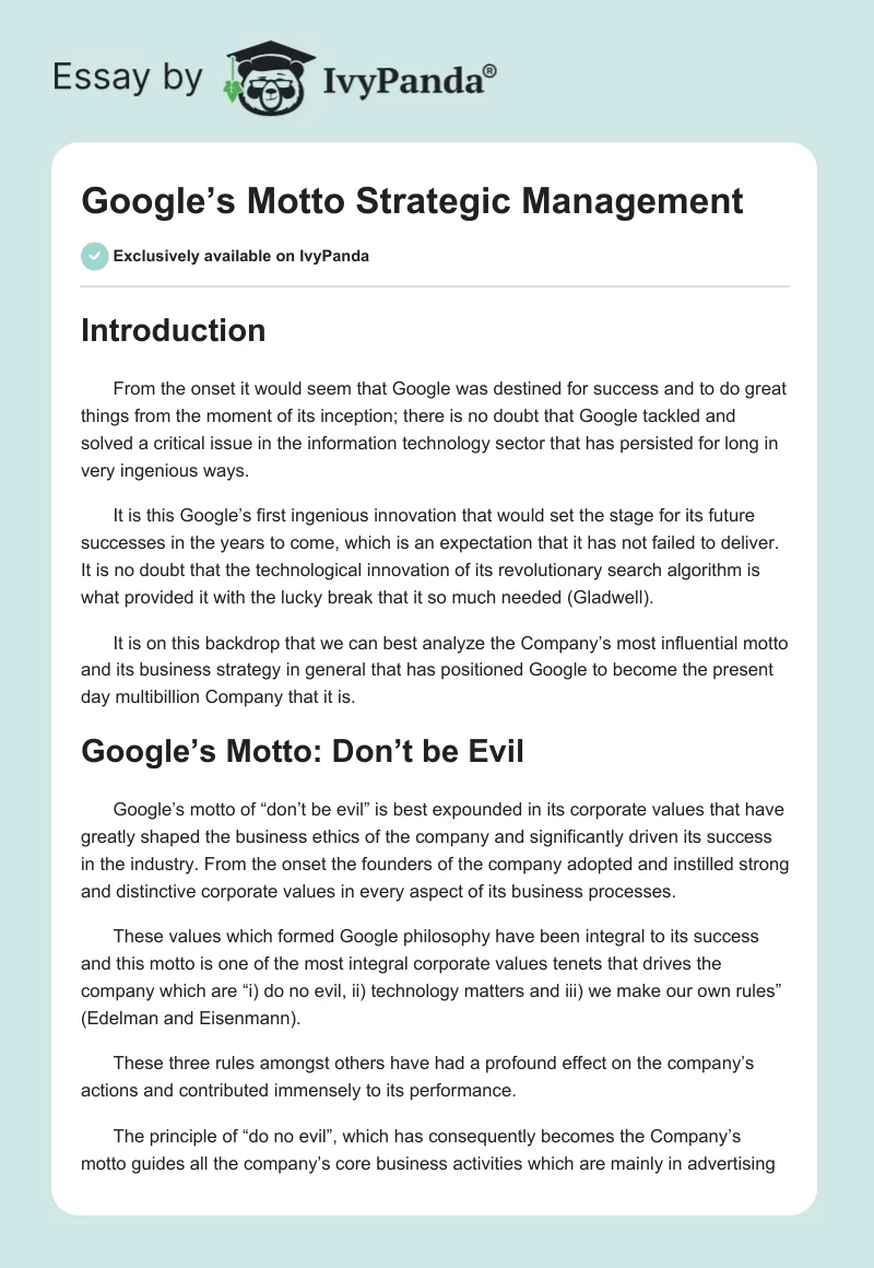 Google’s Motto Strategic Management. Page 1