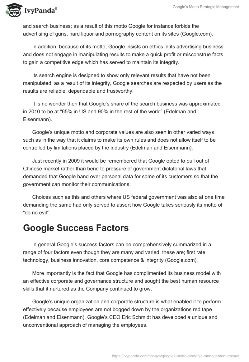 Google’s Motto Strategic Management. Page 2
