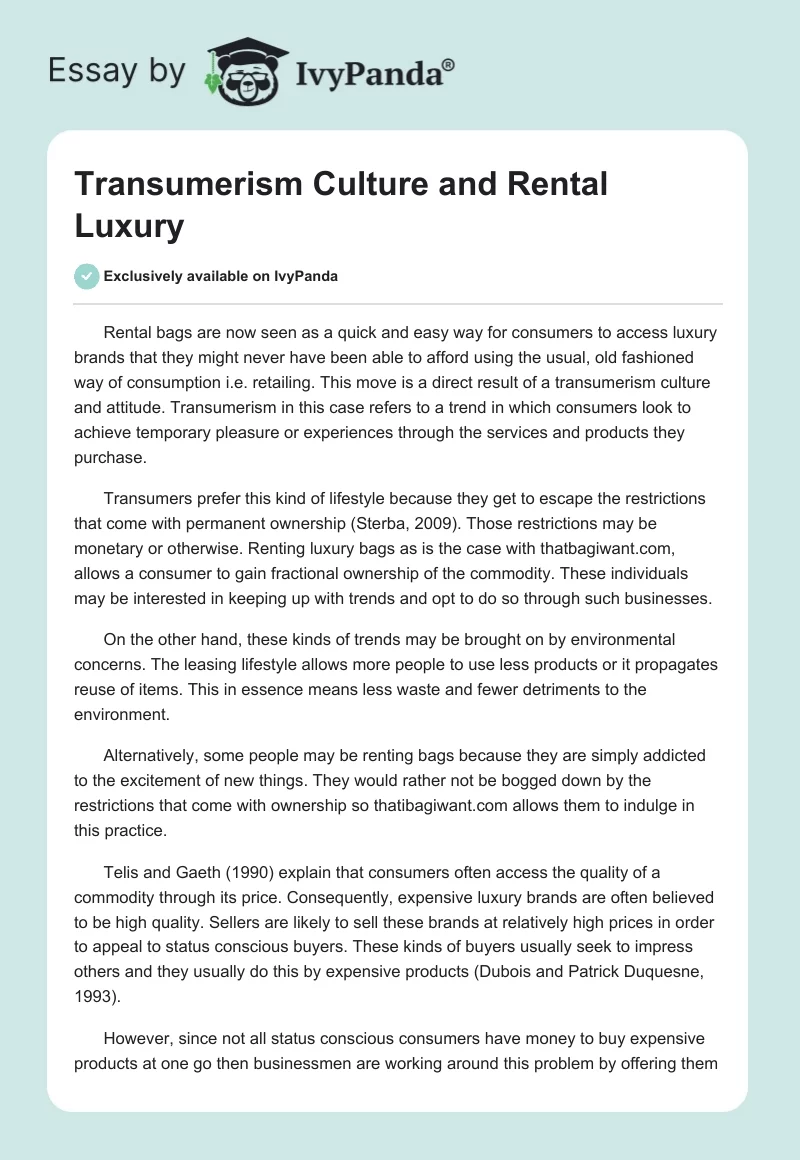 Transumerism Culture and Rental Luxury. Page 1