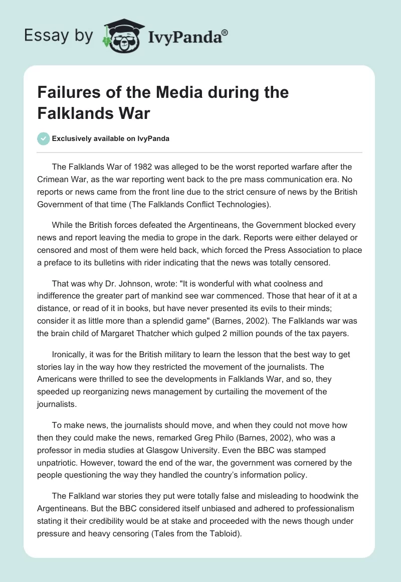Failures of the Media During the Falklands War. Page 1