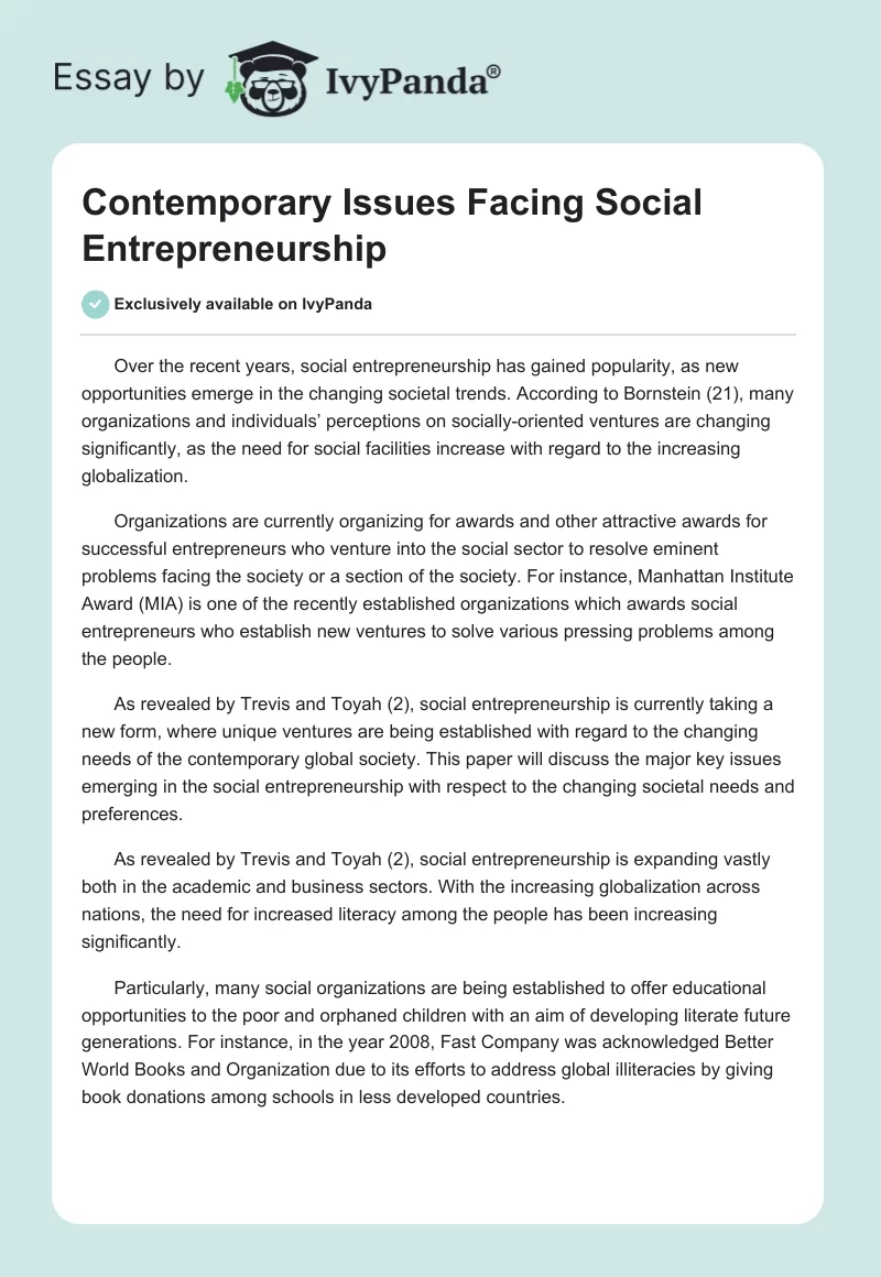 Contemporary Issues Facing Social Entrepreneurship. Page 1