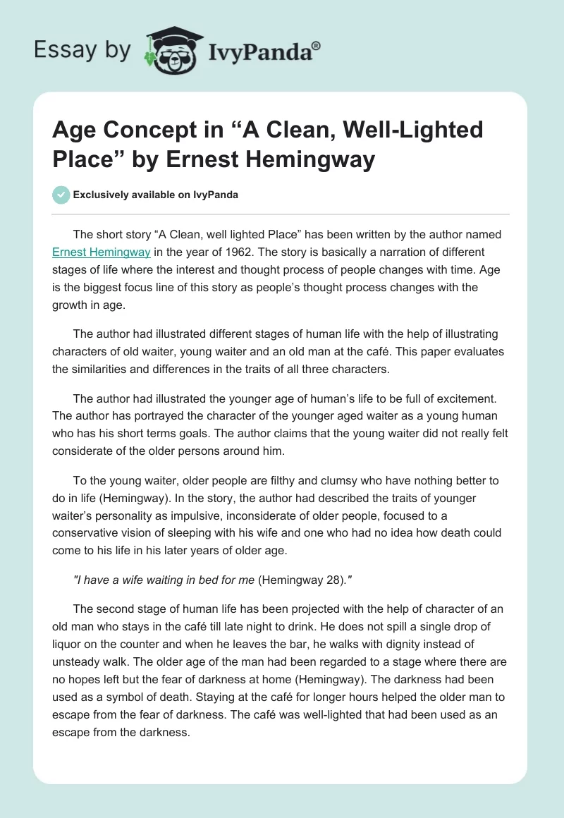 Age Concept in “A Clean, Well-Lighted Place” by Ernest Hemingway. Page 1