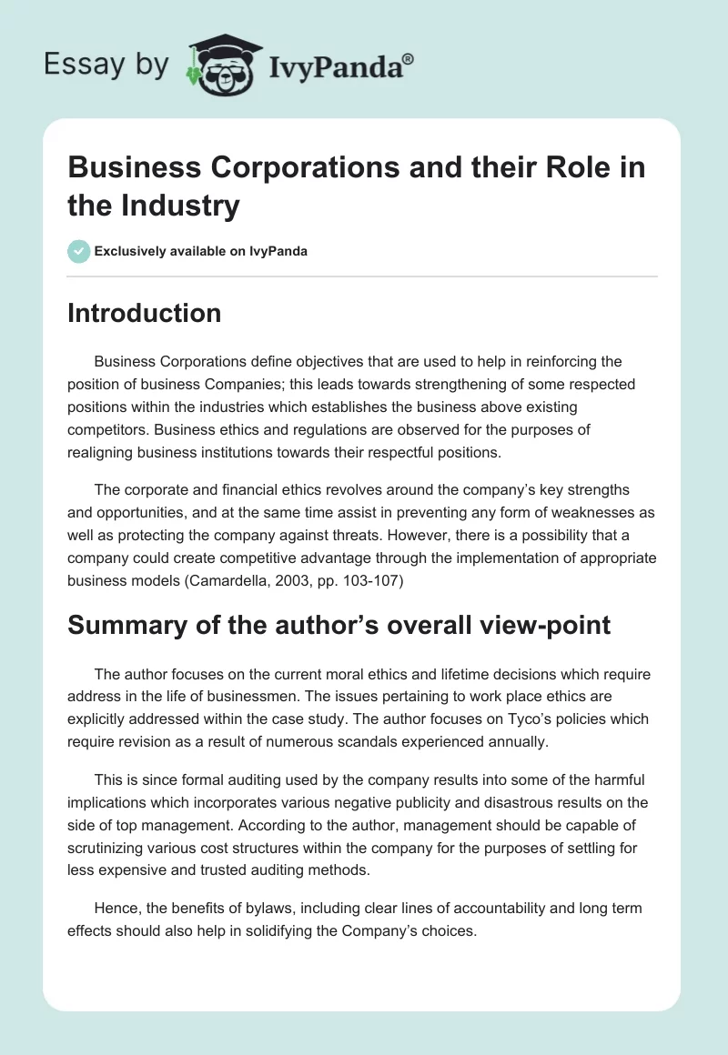 Business Corporations and their Role in the Industry. Page 1
