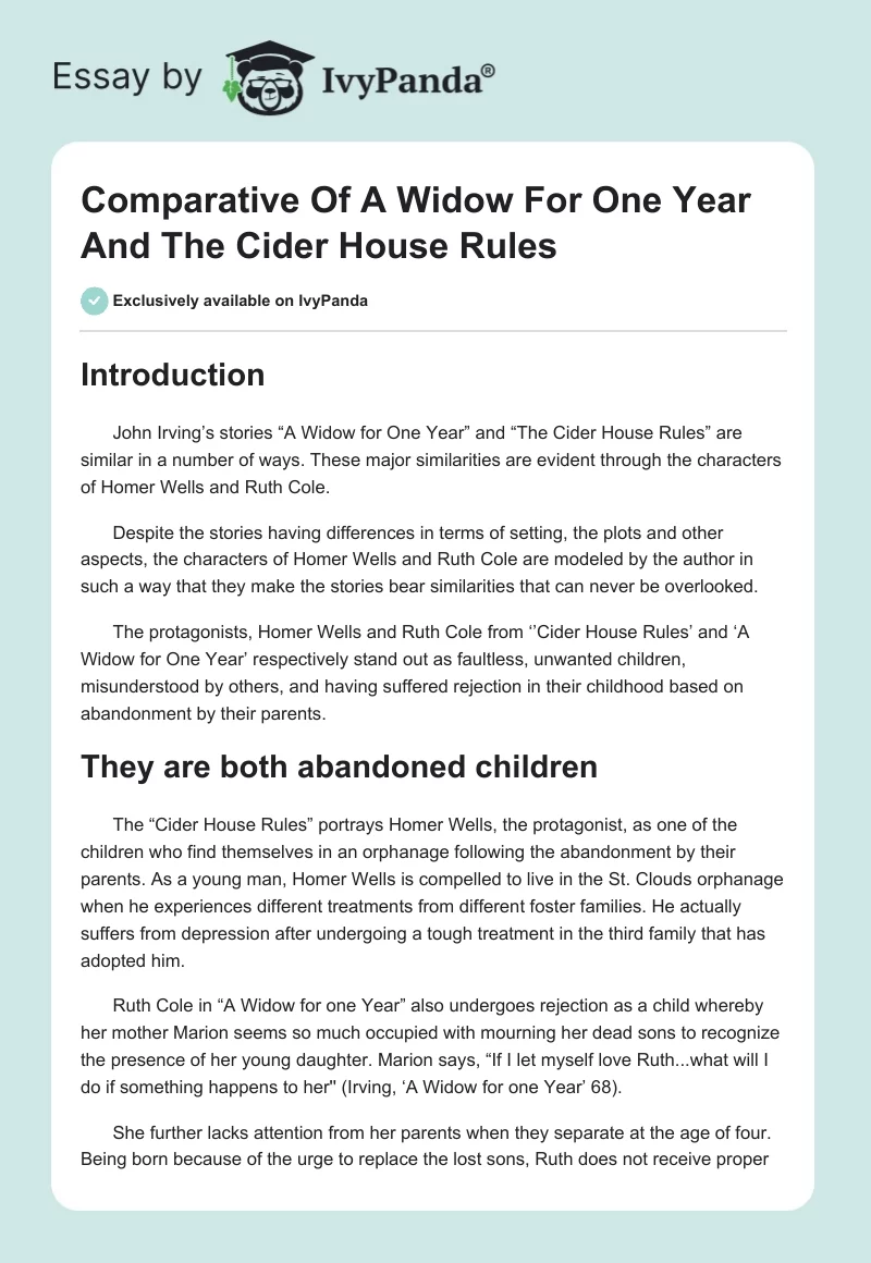 Comparative Of A Widow For One Year And The Cider House Rules. Page 1
