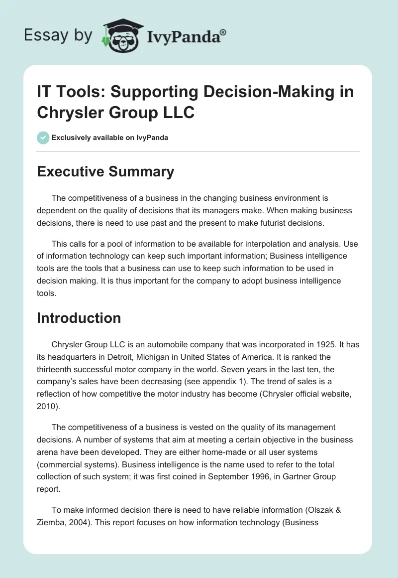 IT Tools: Supporting Decision-Making in Chrysler Group LLC. Page 1