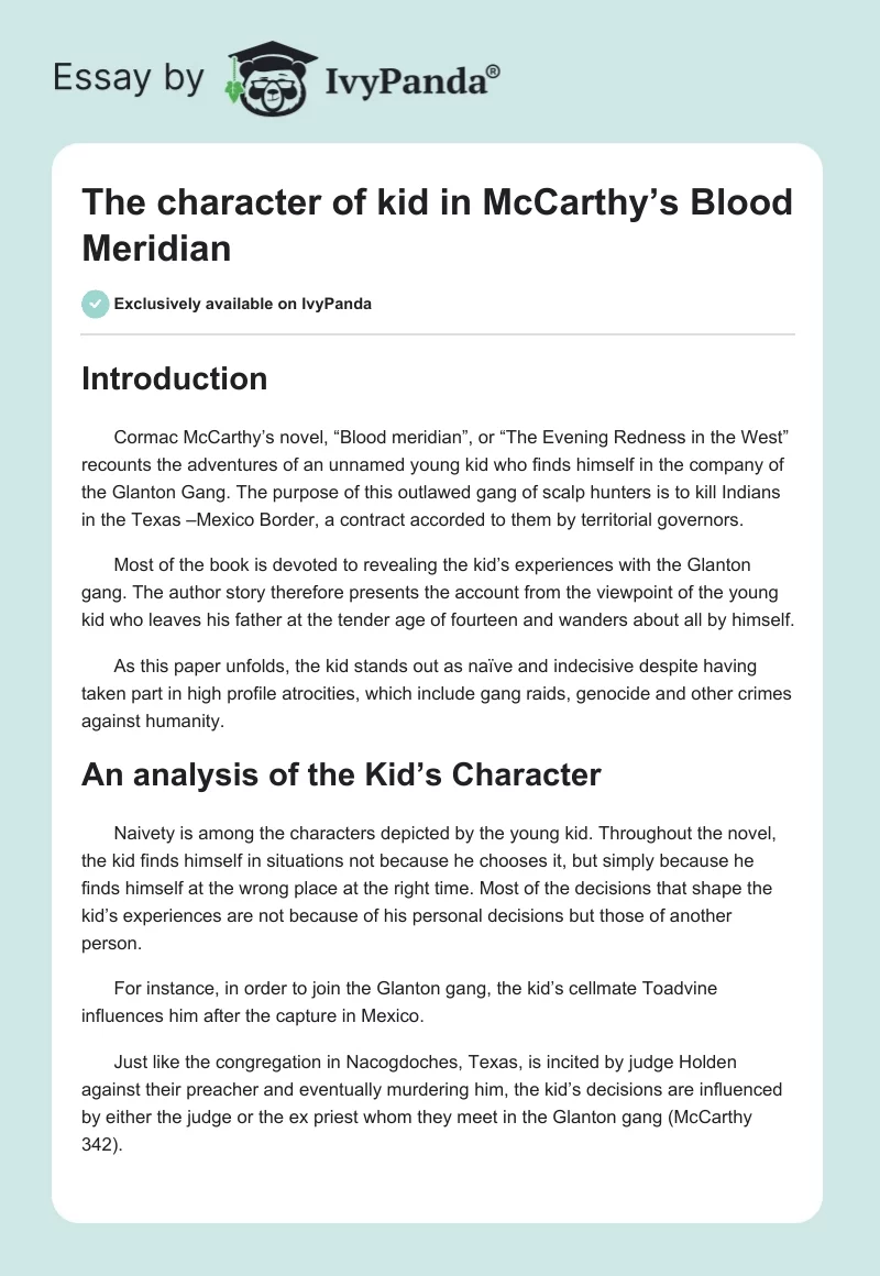 The character of kid in McCarthy’s Blood Meridian. Page 1