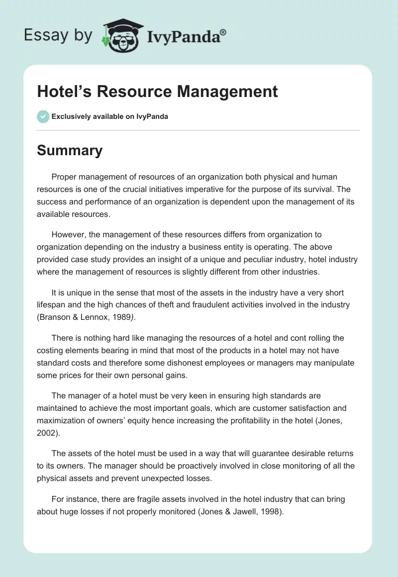 Hotel’s Resource Management. Page 1