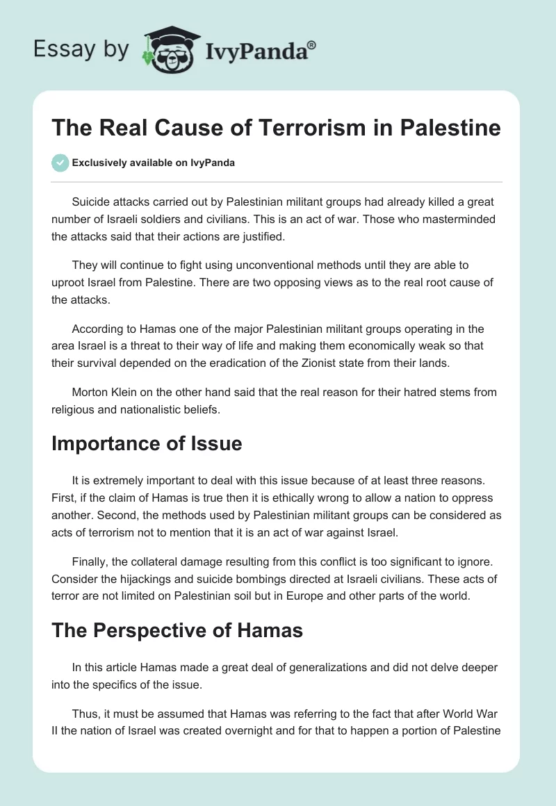 The Real Cause of Terrorism in Palestine. Page 1