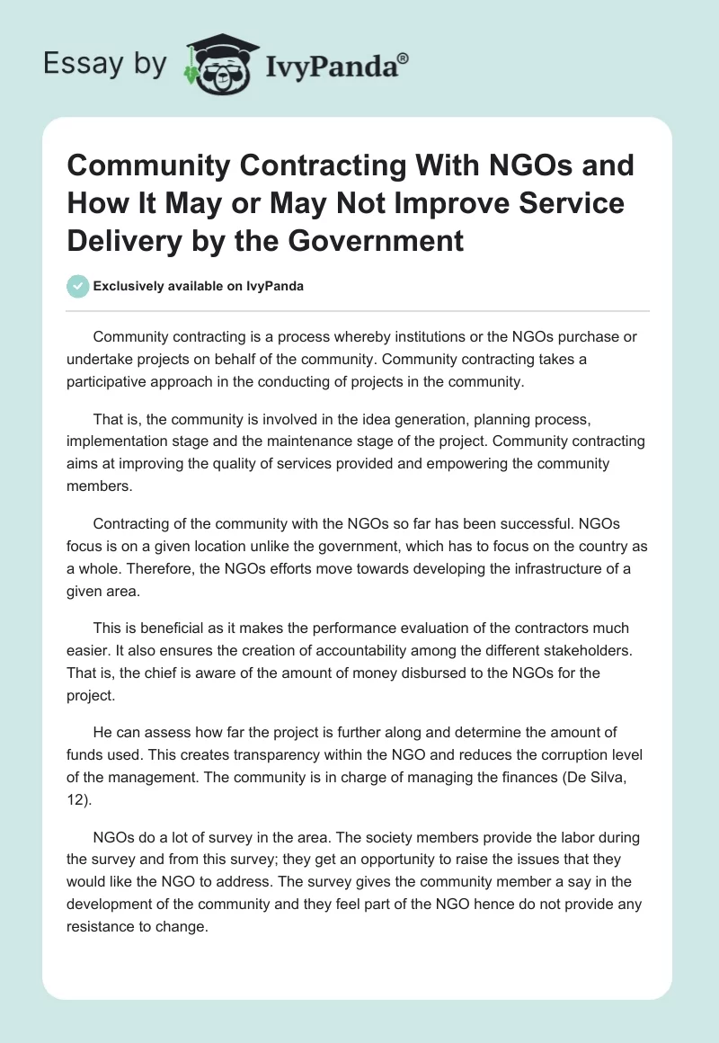 Community Contracting With NGOs and How It May or May Not Improve Service Delivery by the Government. Page 1