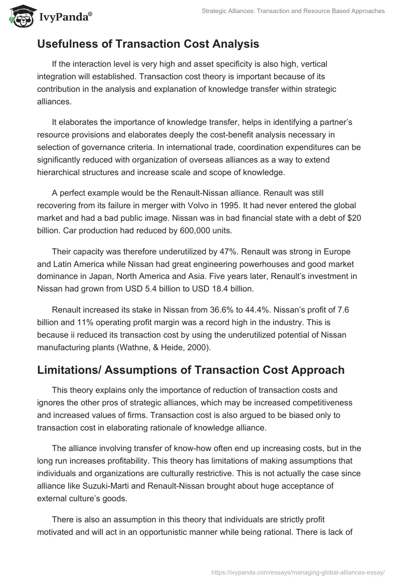 Strategic Alliances: Transaction and Resource Based Approaches. Page 4