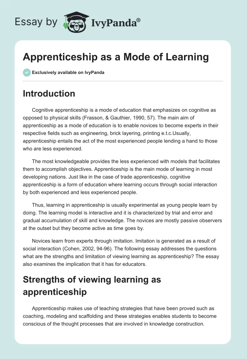 Apprenticeship as a Mode of Learning. Page 1
