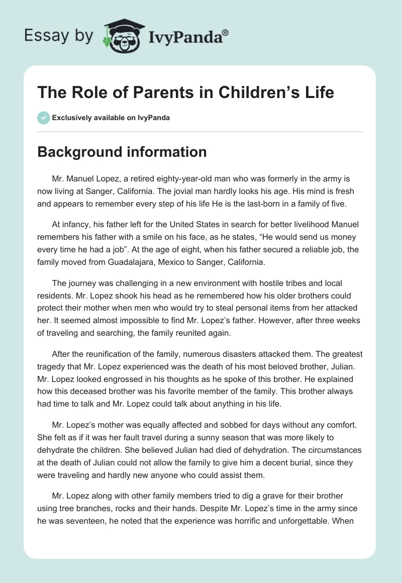 The Role of Parents in Children’s Life. Page 1