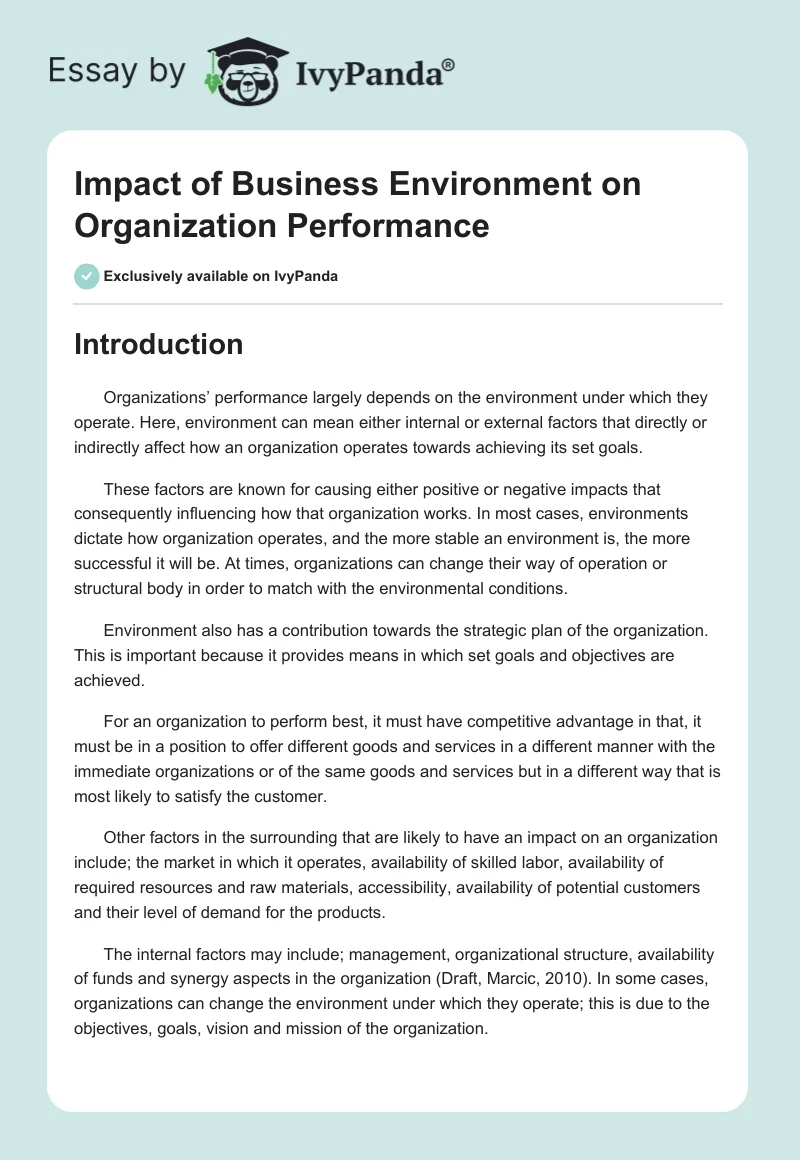 Impact of Business Environment on Organization Performance. Page 1