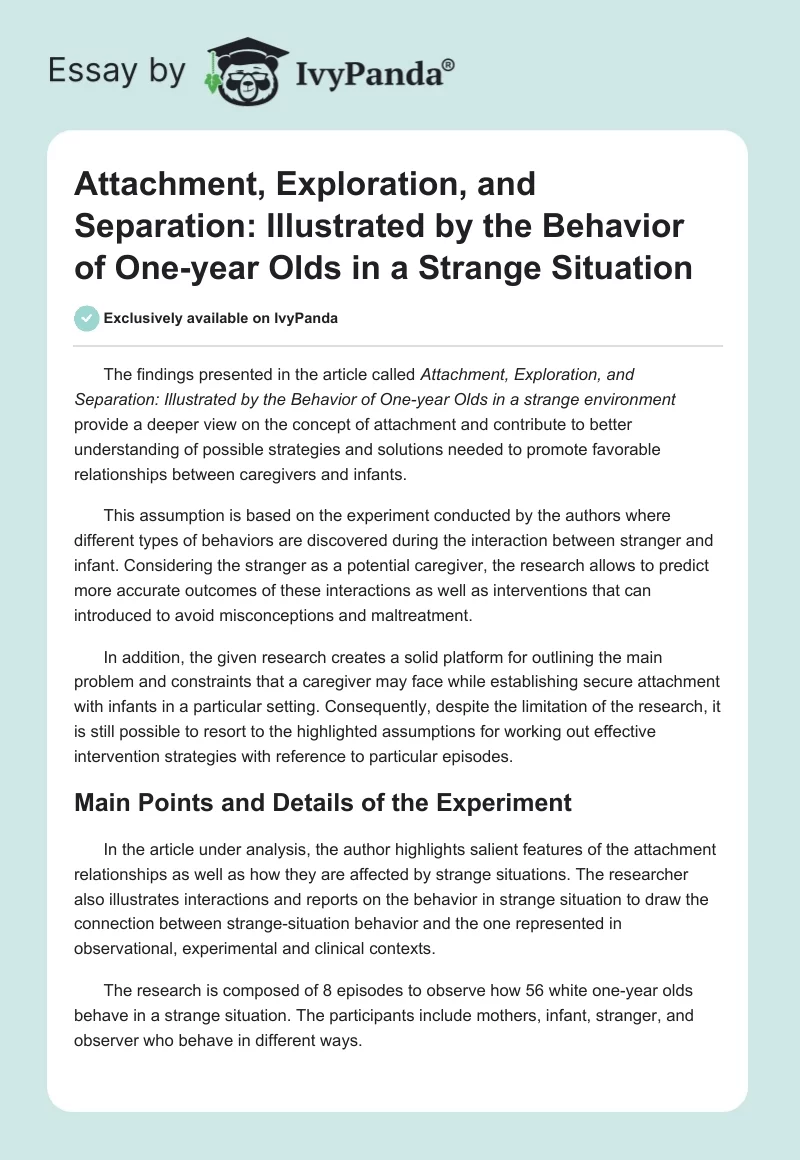 Attachment, Exploration, and Separation: Illustrated by the Behavior of One-year Olds in a Strange Situation. Page 1