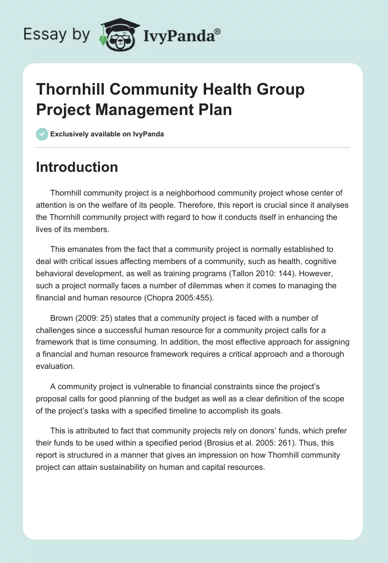 Thornhill Community Health Group Project Management Plan. Page 1