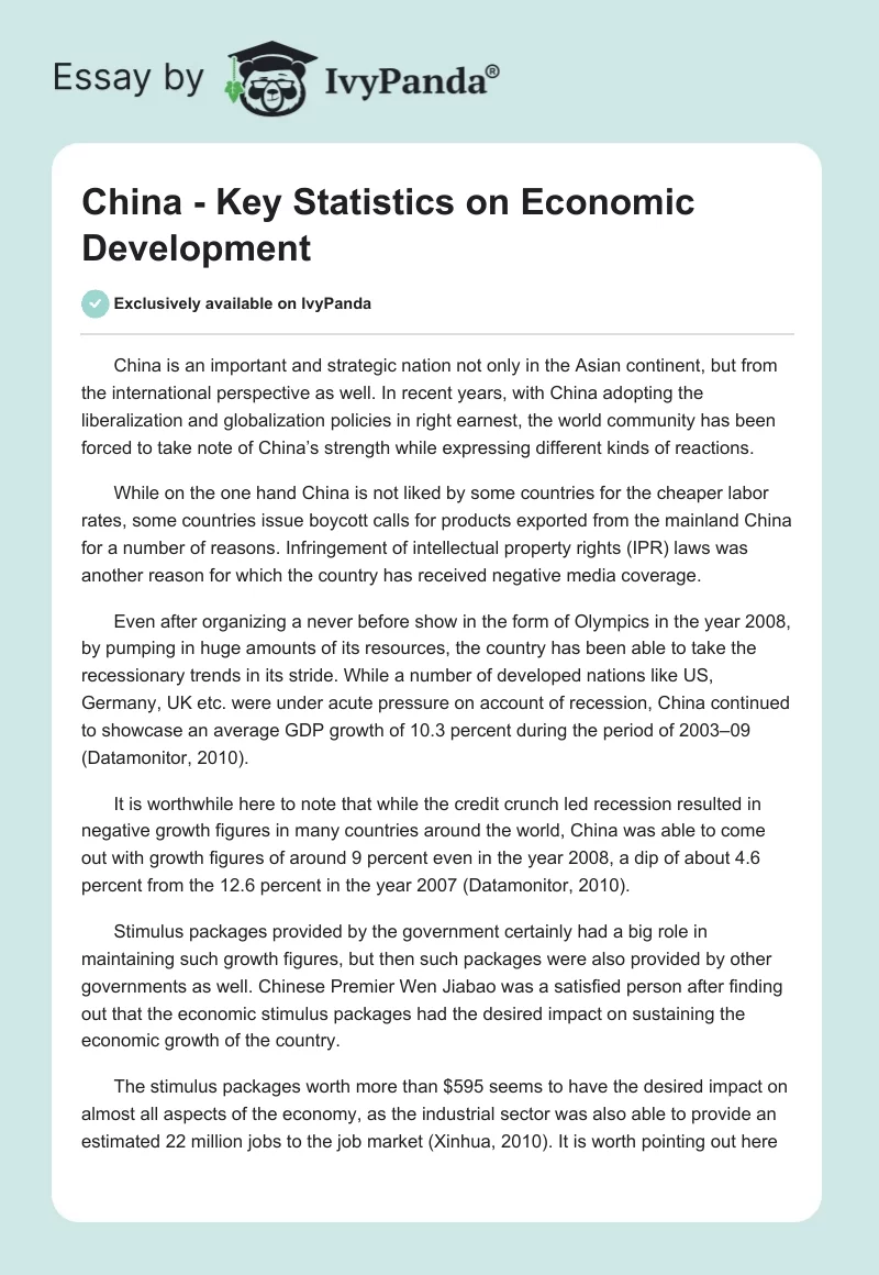 China - Key Statistics on Economic Development. Page 1