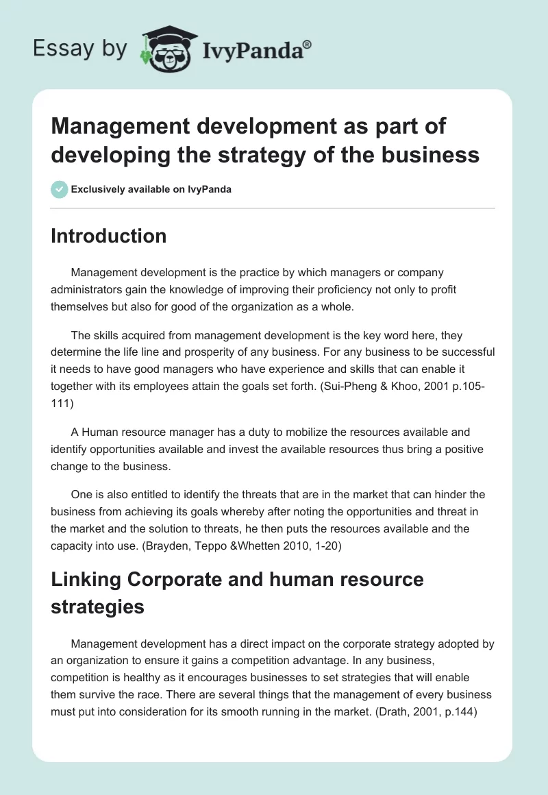 Management development as part of developing the strategy of the business. Page 1