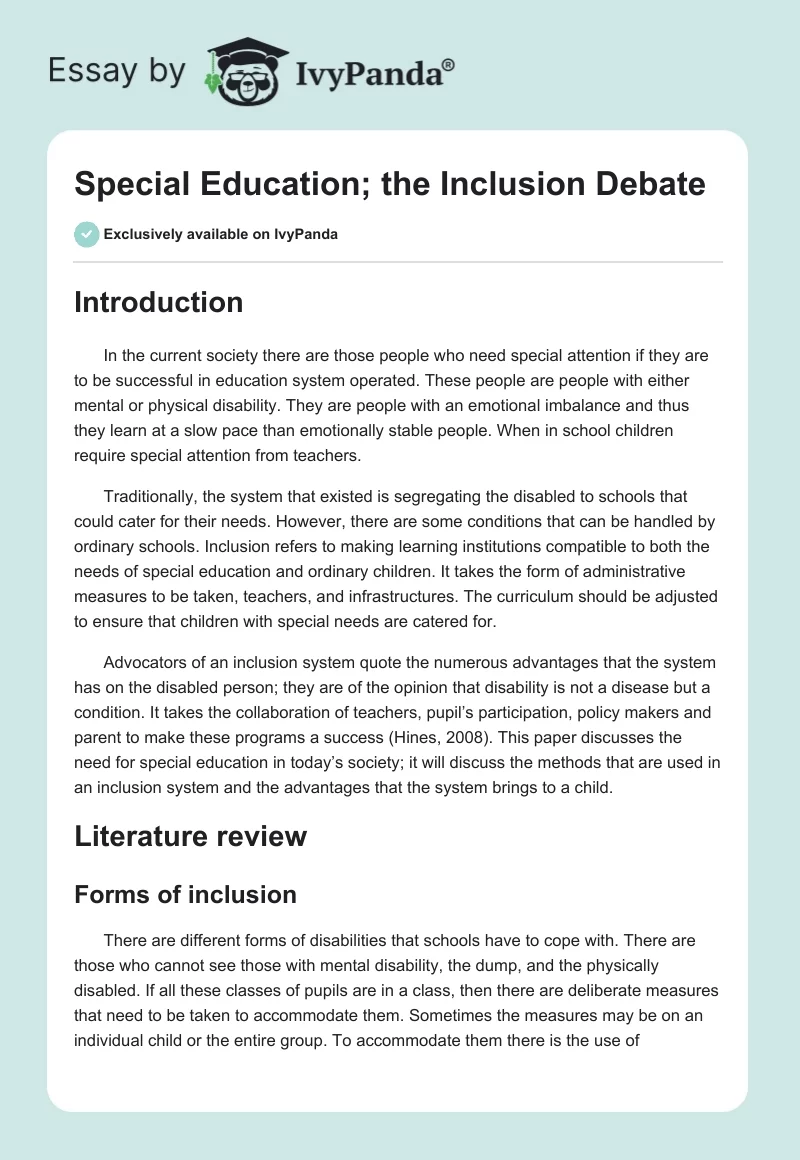 Special Education; the Inclusion Debate. Page 1