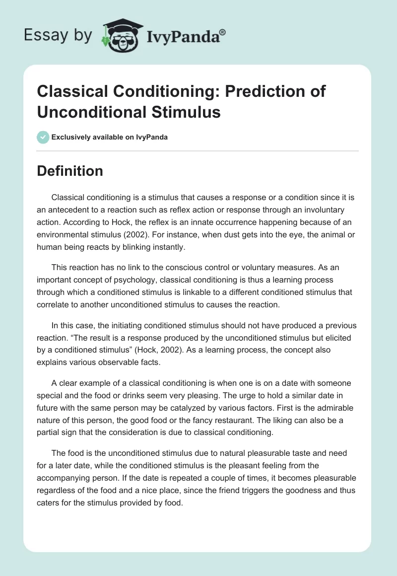 Classical Conditioning: Prediction of Unconditional Stimulus. Page 1